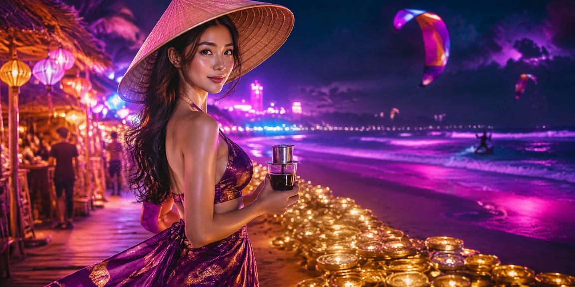 Phụ nữ Việt Nam đội nón lá thưởng thức giải trí trực tuyến tại Mũi Né